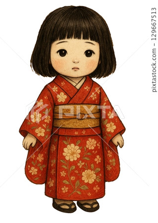 穿著紅色和服的可愛日本女孩的插圖 129667513