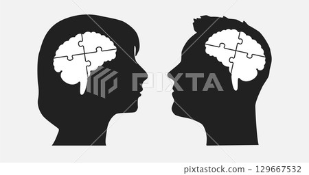 Head woman and man made puzzle pieces, brain, idea 129667532