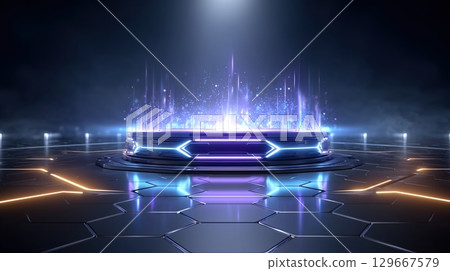 3D render of a high-tech podium with blue neon lights and glowing particles in a dark futuristic space 129667579