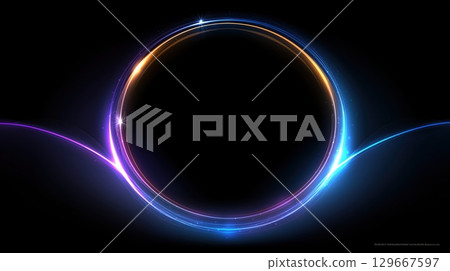 Vibrant abstract glowing circle with blue, purple, and orange light waves on a dark background Vibrant abstract glowing circle with blue, purple, and orange light waves on a dark background 129667597