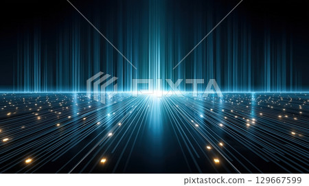 Abstract blue vertical and horizontal glowing lines with bright lights extending toward a radiant horizon in dark space Abstract blue vertical and horizontal glowing lines with bright lights extending toward a radiant horizon in dark space 129667599