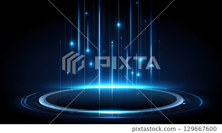 Abstract circular digital portal emitting vertical glowing blue light beams with bright particles on a dark background 129667600
