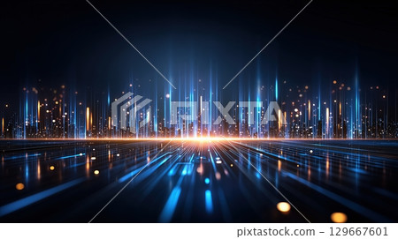 Abstract city skyline with glowing blue and orange vertical light beams over a reflective digital grid surface at night 129667601