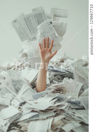 persons hand reaches pile papers scene 129667710