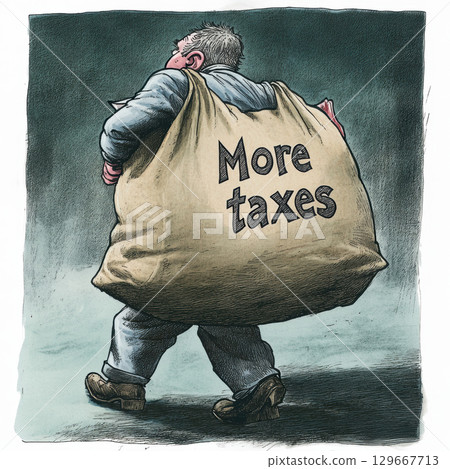 cartoon man sack taxes depicting carrying 129667713