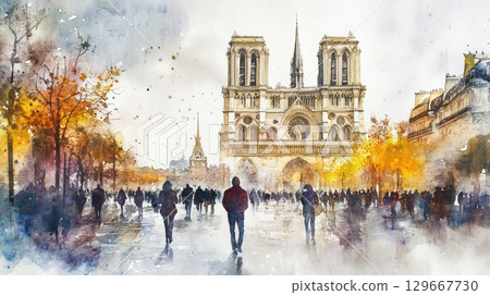paris watercolor cityscape background style blend 129667730