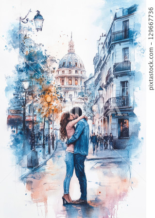 paris watercolor couple city street style 129667736