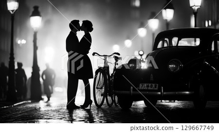 paris photograph vintage car cobblestone street 129667749