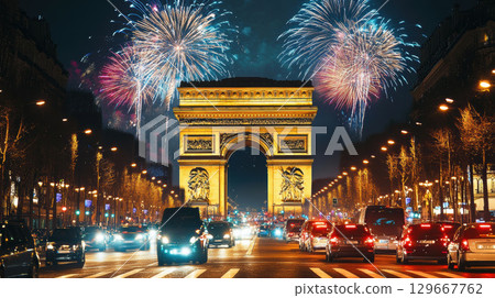 paris nighttime cityscape triomphe foreground arc paris nighttime cityscape triomphe foreground arc 129667762