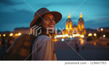paris woman hat cityscape twilight shirt 129667763