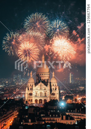 paris nighttime cityscape heart sky fireworks 129667764