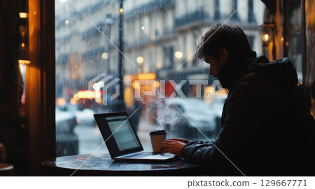 paris man cafe day laptop coffee 129667771