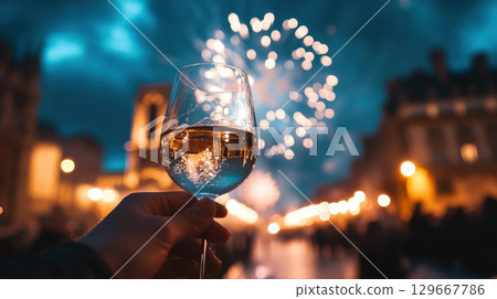 paris hand wine glass cityscape twilight 129667786