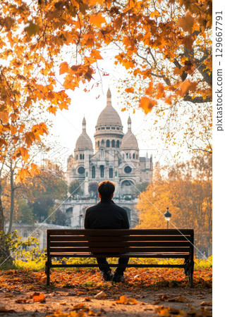paris man bench heart basilica autumn 129667791