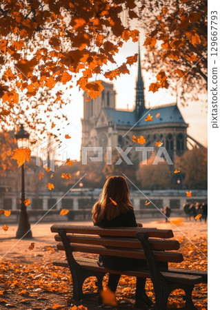 paris woman bench background park autumn 129667793