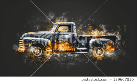 Painting of a pickup truck over dark background 129667830