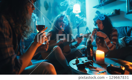 A group of young people smoke cannabis together with smoke in a indoor party A group of young people smoke cannabis together with smoke in a indoor party 129667831