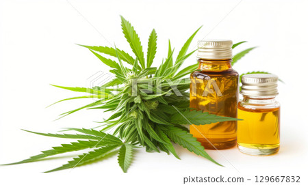 Cannabis CBD oil with plant leaf 129667832