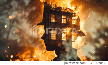 Double exposure of firefighter silhouette and burning fire Double exposure of firefighter silhouette and burning fire 129667842