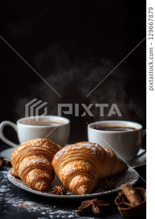 paris croissants coffee table closeup cup 129667879