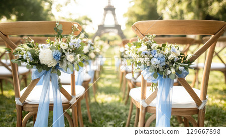 paris wedding ceremony setup eiffel background 129667898