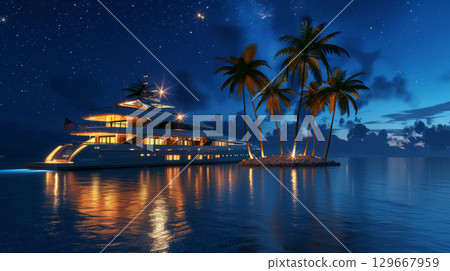 Luxury yacht with small island with palm trees in sea water. 129667959