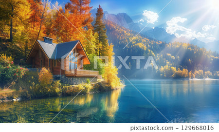 Vacation house with scenic view in Fall with colorful foliage by lake 129668016