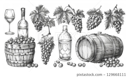 barrel grapes background pencil detailed sketch 129668111