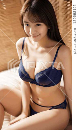 穿著內衣坐在床上的迷人年輕女子 129668195