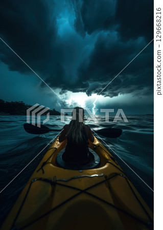 woman sky lightning kayak water stormy woman sky lightning kayak water stormy 129668216