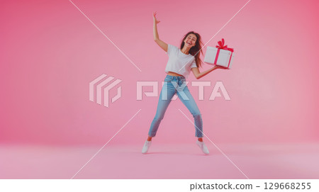 woman crop light jeans gift background woman crop light jeans gift background 129668255