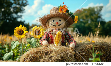 scene scarecrow sunflowers corn sky clouds scene scarecrow sunflowers corn sky clouds 129668309