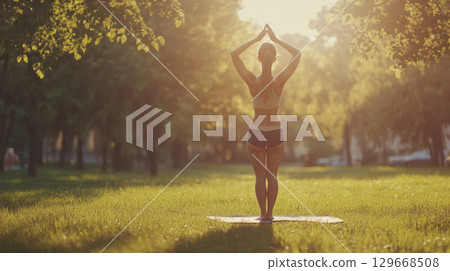 woman yoga hour sunlight trees park 129668508