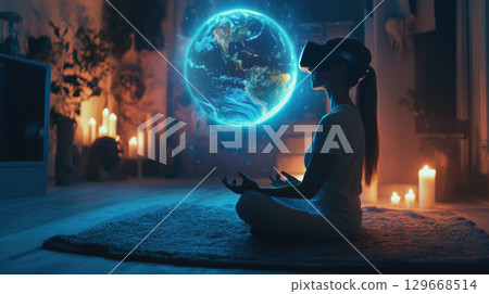 woman reality headset planet earth background 129668514