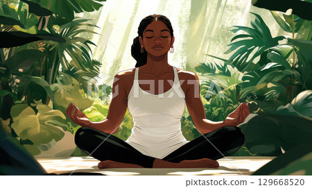 illustration woman forest eyes hands knees 129668520