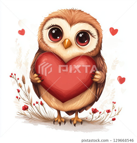 cartoon owl heart holding cute red 129668546