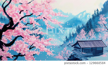 illustration landscape cherry blossom tree mountains 129668584