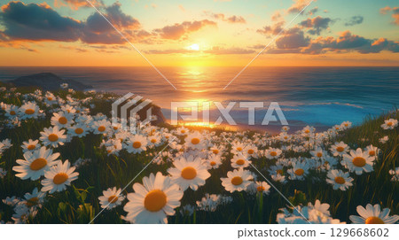 portrayal landscape sunset foreground meadow daisies 129668602