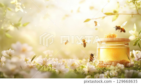 jar honey flowers honeycomb closeup hue 129668635