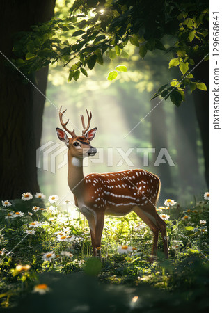 portrayal deer forest sunlight trees floor 129668641