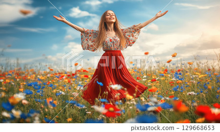 woman blouse field flowers sky skirt 129668653