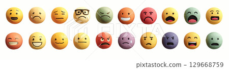 A collection of colorful round 3D emojis with expressions of happiness, smile, anger and sadness on a white background. Ideal for reactions, stickers and images for social networks. A collection of colorful round 3D emojis with expressions of happiness, smile, anger and sadness on a white background. Ideal for reactions, stickers and images for social networks. 129668759