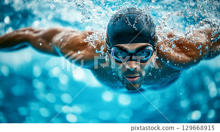 A swimmer wearing a swimming cap and goggles, swimming in a pool. 129668915