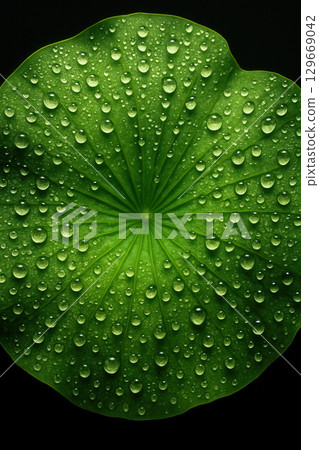 Lotus Leaf Covered in Dewdrops on Black Background Lotus Leaf Covered in Dewdrops on Black Background 129669042