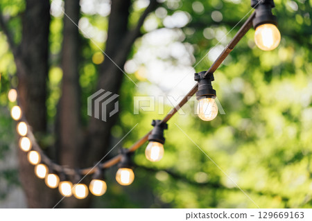 Close up of glowing string lights, street decor in summer garden with blurred green trees background Close up of glowing string lights, street decor in summer garden with blurred green trees background 129669163
