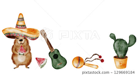 Capybara cartoon watercolor seamless border. A funny animal in a Mexican sombrero hat with a guitar. Cute water pig with watermelon pieces hand drawing on isolated white background. Clip art of a 129669184