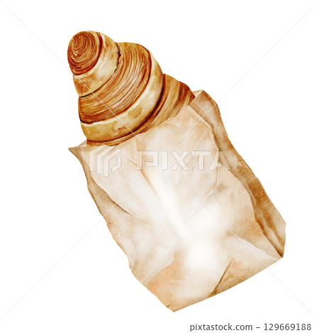 Croissant watercolor illustration. Hand drawn fresh french bun. Food clip art. Ideal for bakery prints, postcards and pastry shop posters. Croissant watercolor illustration. Hand drawn fresh french bun. Food clip art. Ideal for bakery prints, postcards and pastry shop posters. 129669188