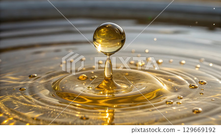 Captivating water droplet creates ripples in golden liquid at sunrise 129669192
