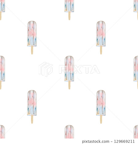 Ice cream watercolor seamless pattern. Hand drawn milk dessert with berries on white background. Yoghurt ice cream clip art. Ideal for shop window design, stickers and shop menu 129669211