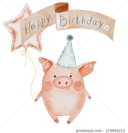 Little cute pig with the inscription happy birthday watercolor drawing. Hand drawn illustration of piglet in a party hat on white background. Clip art of cute farm animal character. Ideal for stickers 129669212